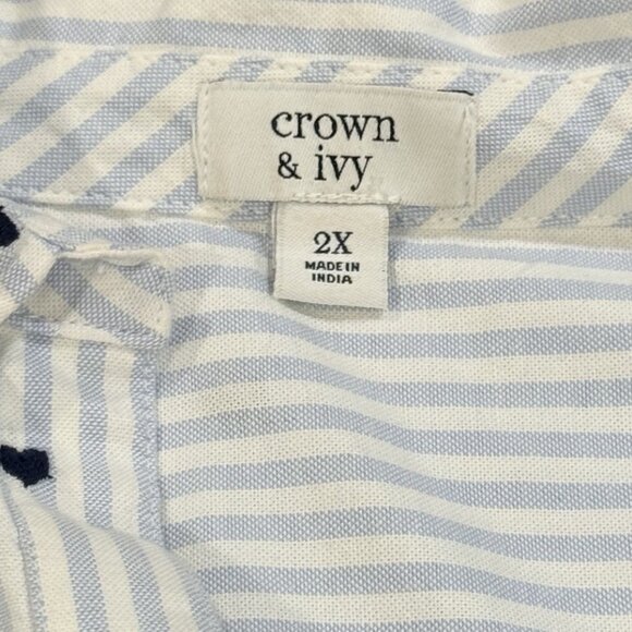 Crown & Ivy Size 2X Blue Embroidered Button Down Womens Striped Heart Shirt - Picture 6 of 9